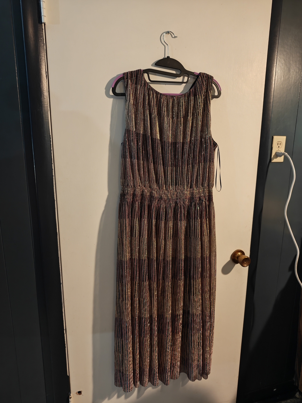 Sleeveless Metallic Striped Pleated Maxi Dress - Purple